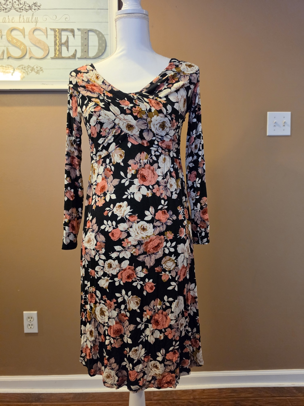 Altar'd State Black Floral Cowl Neck Long Sleeve Dress